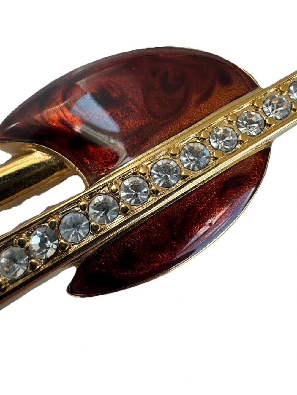 Monet Vintage Art Deco modernist Gold tone brown Enamel Rhinestone Brooch Pin